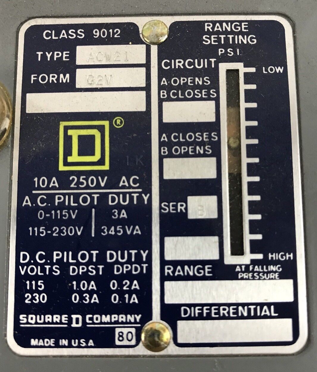 Sq D Pressure Switch class 9012 type ACW-21 series B, Range 400-3000psi new