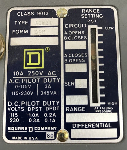 Sq D Pressure Switch class 9012 type ACW-21 series B, Range 400-3000psi new
