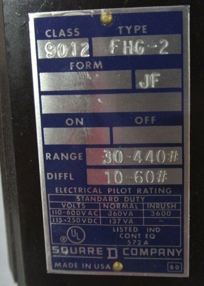 SQUARE D 9012 FHG-2 DIFFERENTIAL PRESSURE SWITCH - SET 205-215psi - NEW SURPLUS