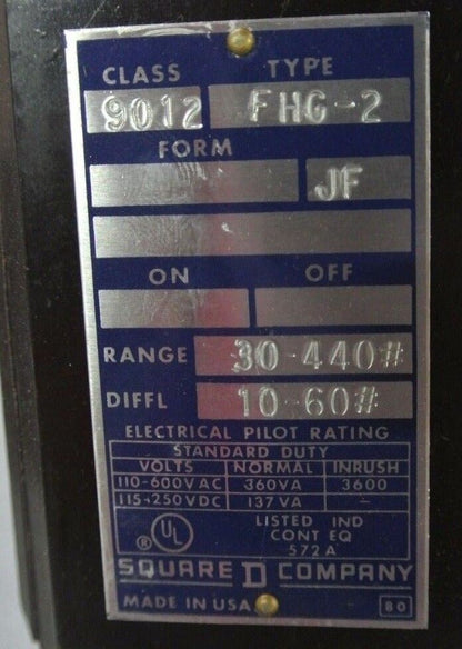 SQUARE D 9012 FHG-2 DIFFERENTIAL PRESSURE SWITCH - SET 205-215psi - NEW SURPLUS