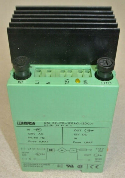 PHOENIX CONTACT CM 62-PS-120AC/12DC/1 POWER SUPPLY / 120VAC -- 12VDC / 1A