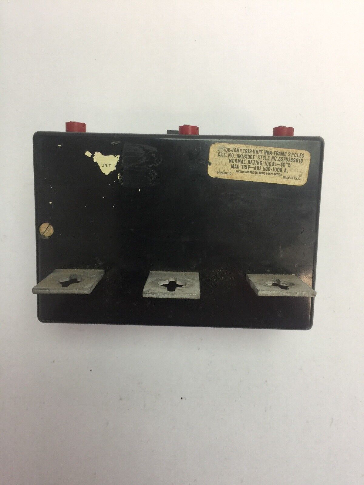 WESTINGHOUSE HKA3100T 100A TRIP UNIT 3POLE MAG TRIP-ADJ 500-1000A