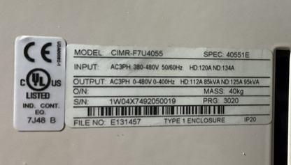 YASKAWA CIMR-F7U4055 AC DRIVE OUTPUT 0-480VAC 3PH HD 112A 85kVA ND 125A 95kVA