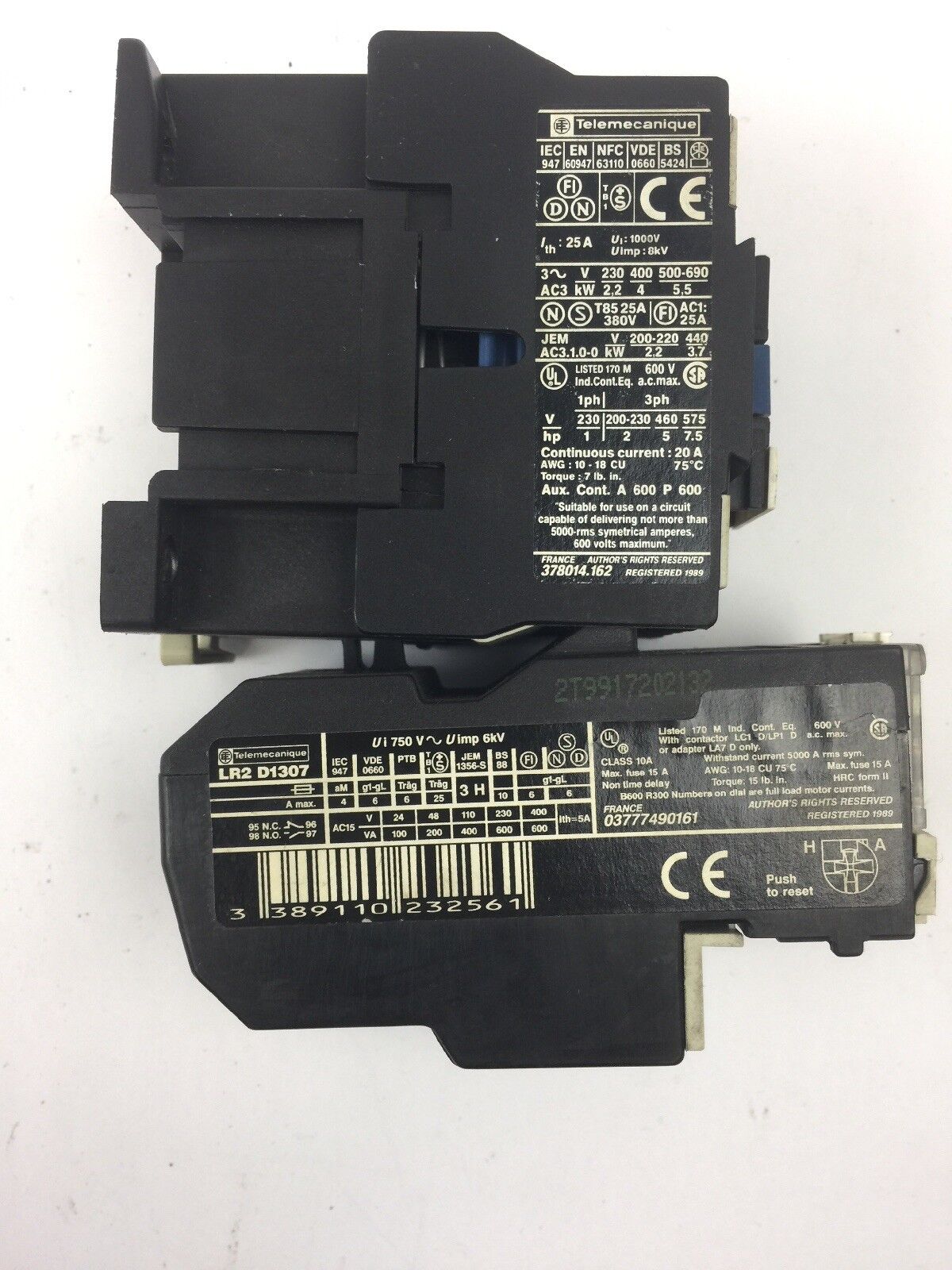 TELEMECANIQUE LC1 D09 10 CONTACTOR 600 VAC 3 PHASE W/ LR2 D1307 OVERLOAD RELAY