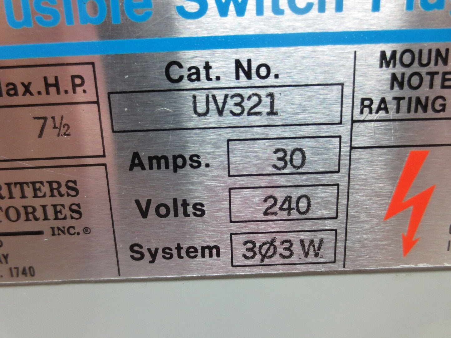 I-T-E GOULD UV321 BUS PLUG / FUSIBLE SWITCH - 30A, 240VAC, 3P, 3W