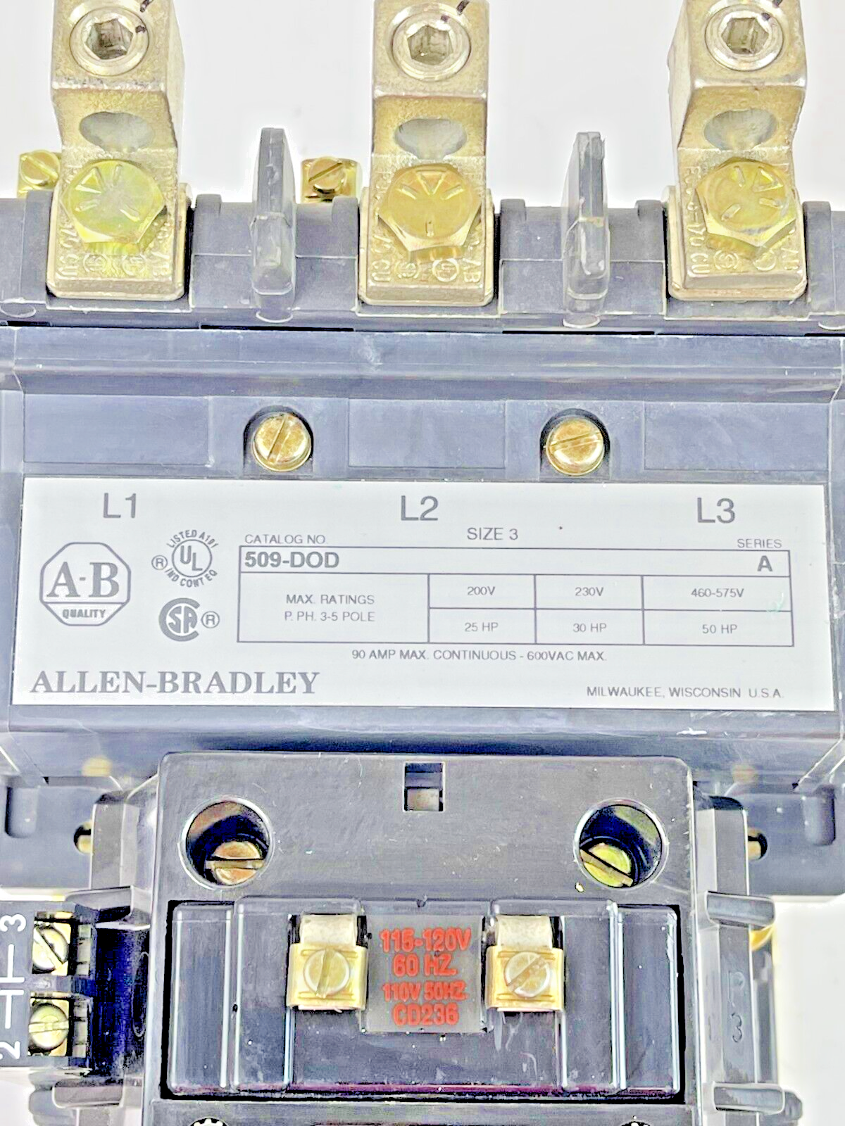 ALLEN BRADLEY -509-DOD SER. A- MOTOR STARTER - 90 AMP, 3-5 POLE, NEMA SIZE 3