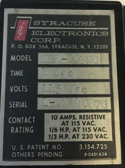 SYRACUSE TER-00300 RELAY 1SEC 115VAC 10A ***LOTOF2***