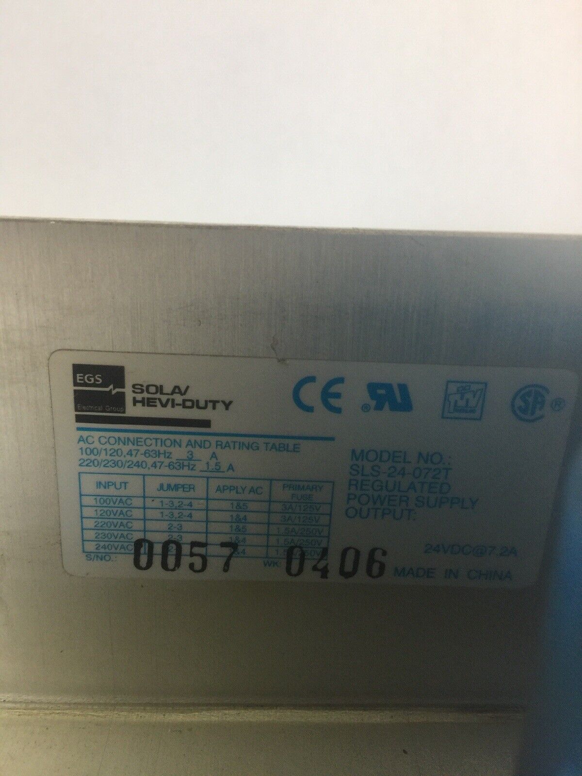SOLA SLS+24-072T REGULATED POWER SUPPLY OUTPUT 24VDC 7.2A