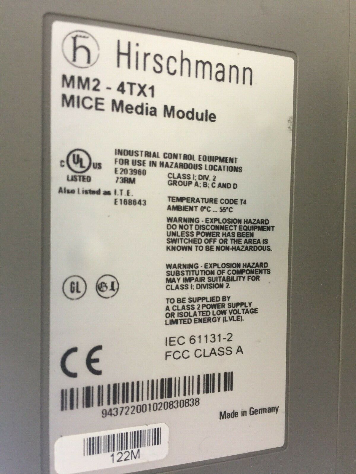 HIRSCHMANN MS3124-4 MICE SWITCHING MODULE 24VDC (4) MM2-4TX1 MICE MEDIA MODULE