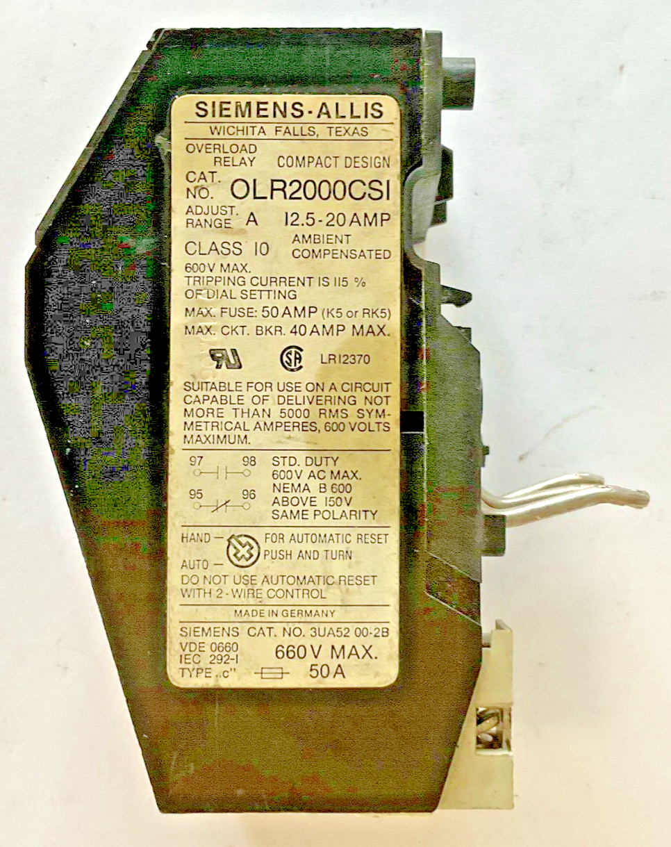 SIEMENS-ALLIS OLR2000CSI OVERLOAD RELAY 12.5-20AMP 600V CLASS  10