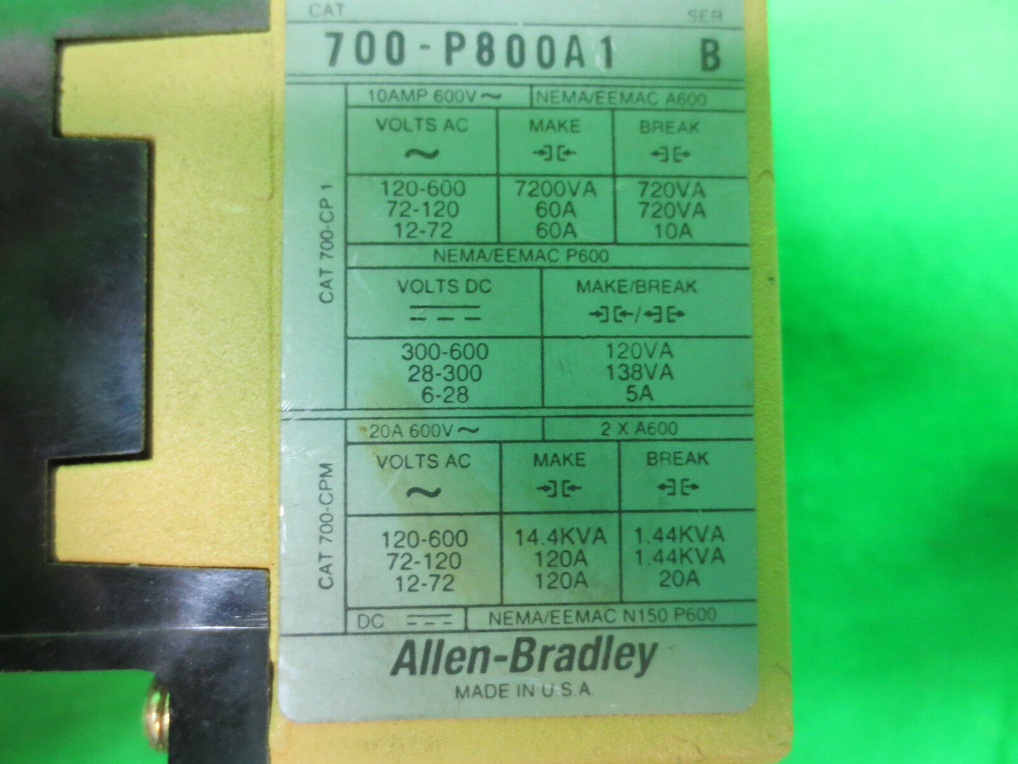 ALLEN-BRADLEY 700-P800A1 Ser. B RELAY TYPE P DIRECT DRIVE