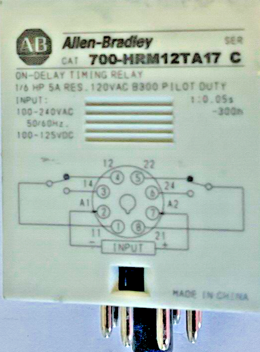 ALLEN BRADLEY 700-HRM12TA17 ON-DELAY TIMING RELAY SER.C 120VAC 1/6HP 125VDC