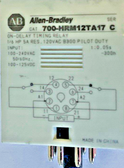 ALLEN BRADLEY 700-HRM12TA17 ON-DELAY TIMING RELAY SER.C 120VAC 1/6HP 125VDC