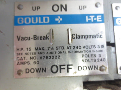 I-T-E V7B3222 TWIN PANELBOARD SWITCH - 240V, 60A, 3-PHASE, 3-POLE - VACU-BREAK