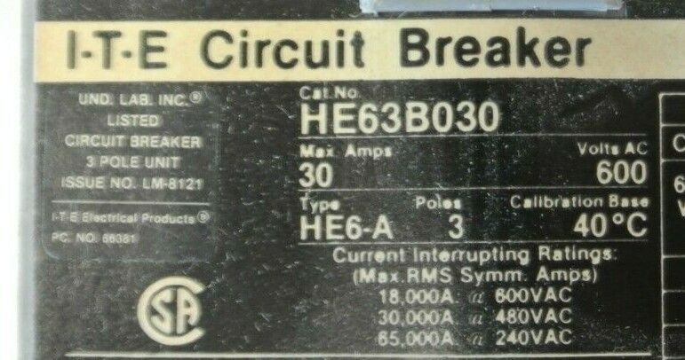 I-T-E / SIEMENS HE63B030 CIRCUIT BREAKER / 3-POLE / 30A / 600VAC / NEW SURPLUS