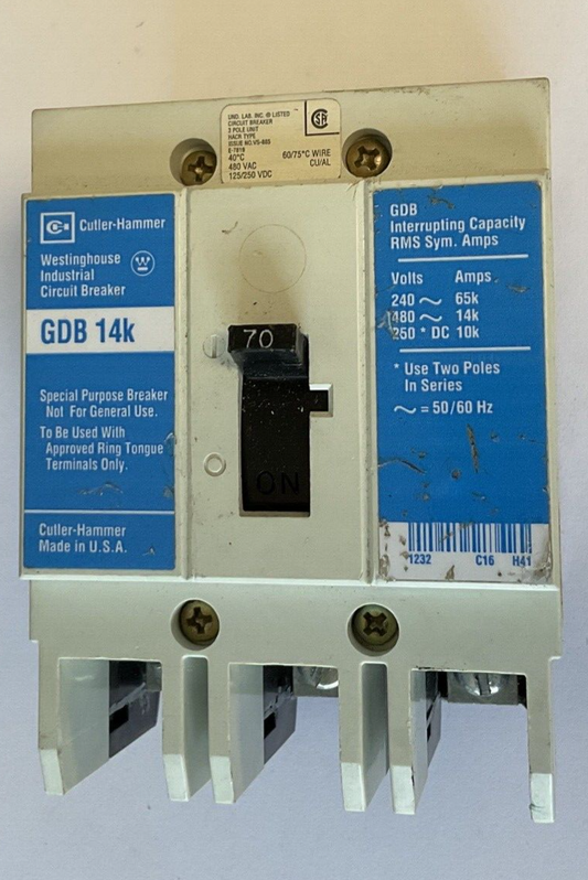 WESTINGHOUSE GDB 14K CIRCUIT BREAKER 70A 480VAC 3POLE 50/60HZ GDB3070