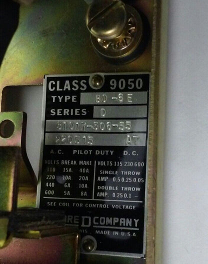 Square D 9050 BO-6E Timing Relay - Class 9050, Type BO-6E, Series D
