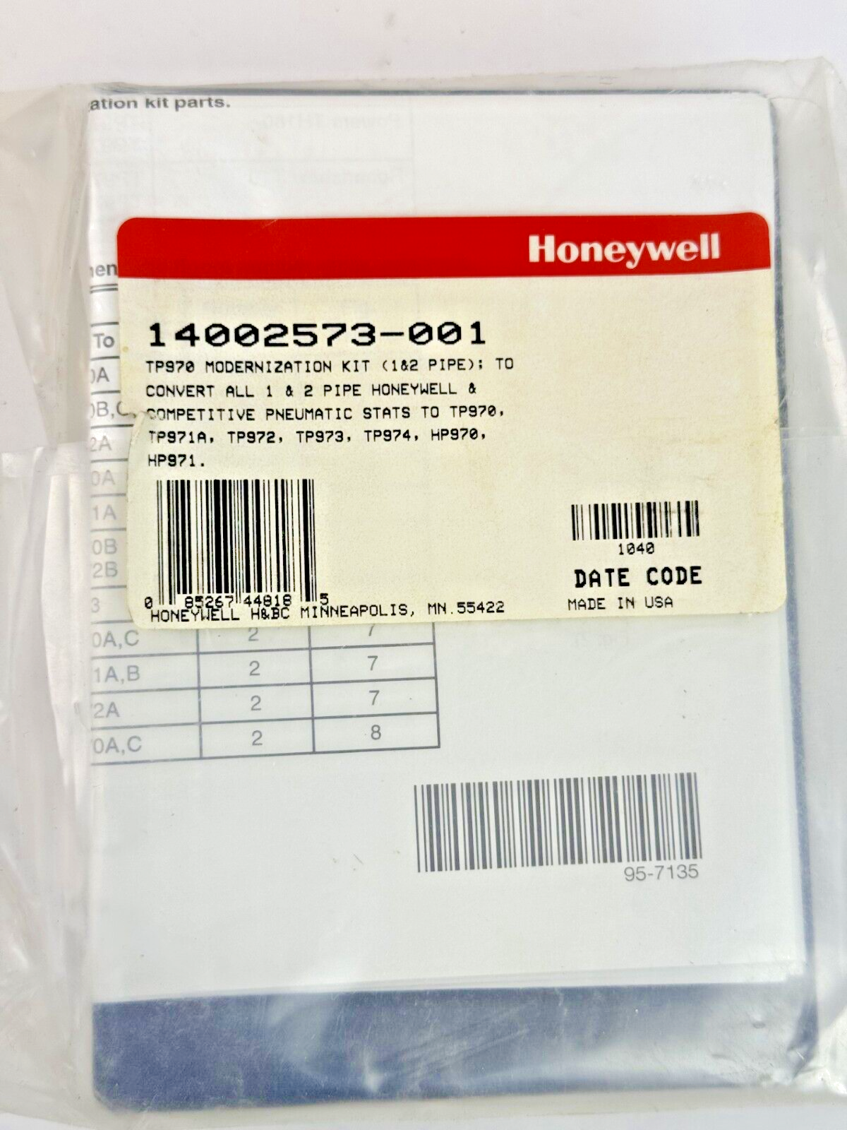 HONEYWELL -  14002573-001 - MODERNIZATION KIT- CONVERT 1 & 2 PIPE TO PNEUM. STAT