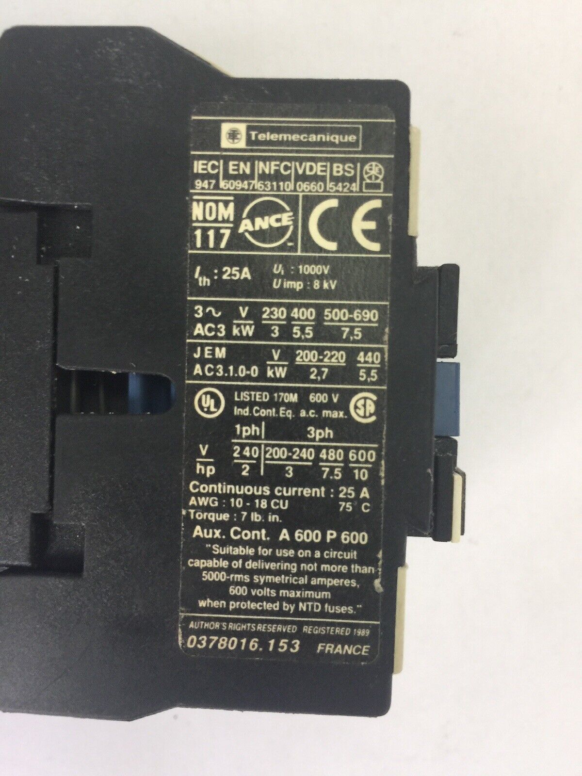 TELEMECANIQUE LP1D1210 CONTACTOR 600VAC 10HP 25A 3PH COIL 24VDC