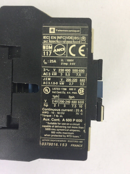 TELEMECANIQUE LP1D1210 CONTACTOR 600VAC 10HP 25A 3PH COIL 24VDC