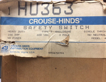 CROUSE-HINDS HU363 SAFETY SWITCH HEAVY DUTY 100A 600VAC 3 POLE TYPE 1 ENCLOSURE