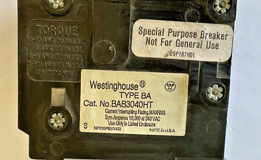 WESTINGHOUSE BAB3040HT CIRCUIT BREAKER 40A 3POLE TYPE BA 240VAC