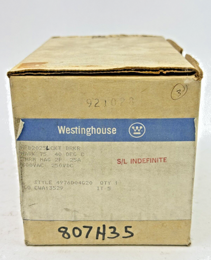 WESTINGHOUSE - HFB2025 LCKT - THERMAL MAG CIRCUIT BREAKER - 2 POLE/ 25A/ 600 VAC