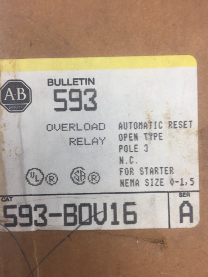 ALLEN BRADLEY 593-BOV16 OVERLOAD RELAY FOR STARTER NEMA 0-1, 5 OPEN TYPE 3 POLE