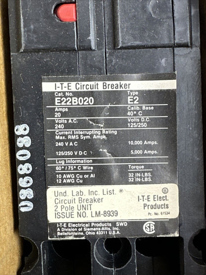 SIEMENS ITE E22B030 CIRCUIT BREAKER 20A 2P 240VAC 125/250VDC