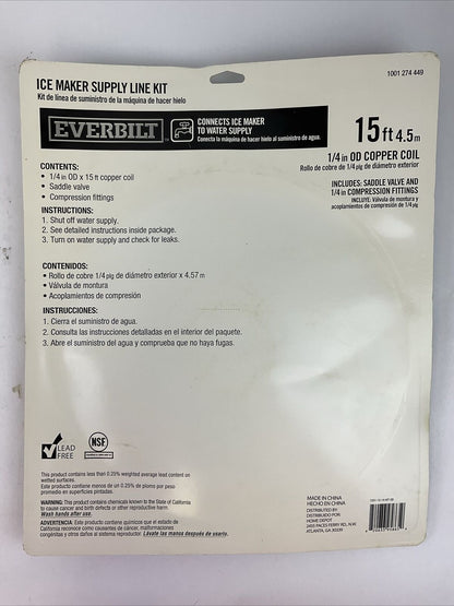 EVERBILT 1001 274 449 ICE MAKER SUPPLY LINE KIT 15FT 1/4" OD COPPER COIL