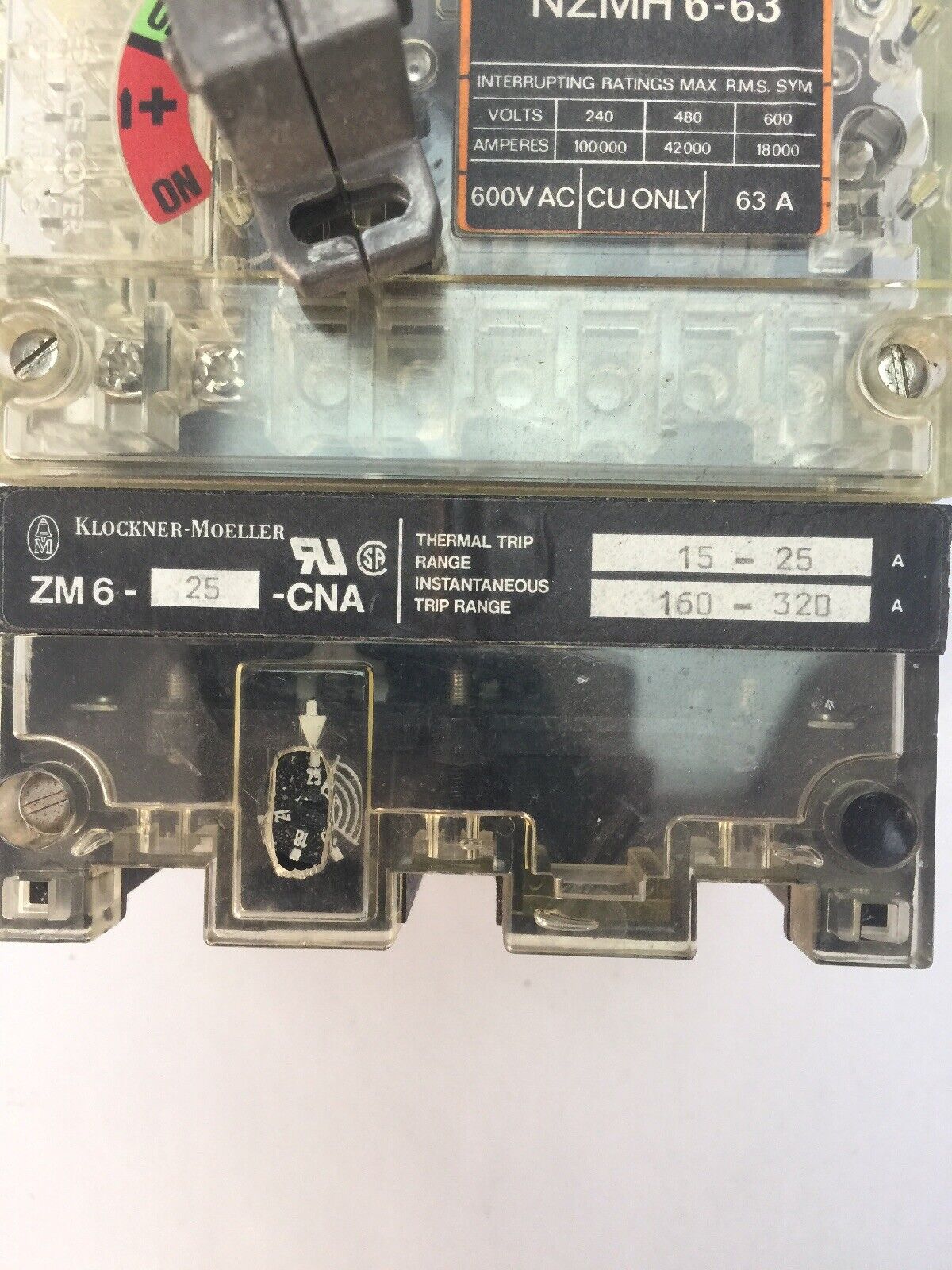 KLOCKNER MOELLER NZMH6-63 CIRCUIT BREAKER 600VAC 63A ZM6-25-CNA THERMAL TRIP