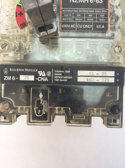 KLOCKNER MOELLER NZMH6-63 CIRCUIT BREAKER 600VAC 63A ZM6-25-CNA THERMAL TRIP