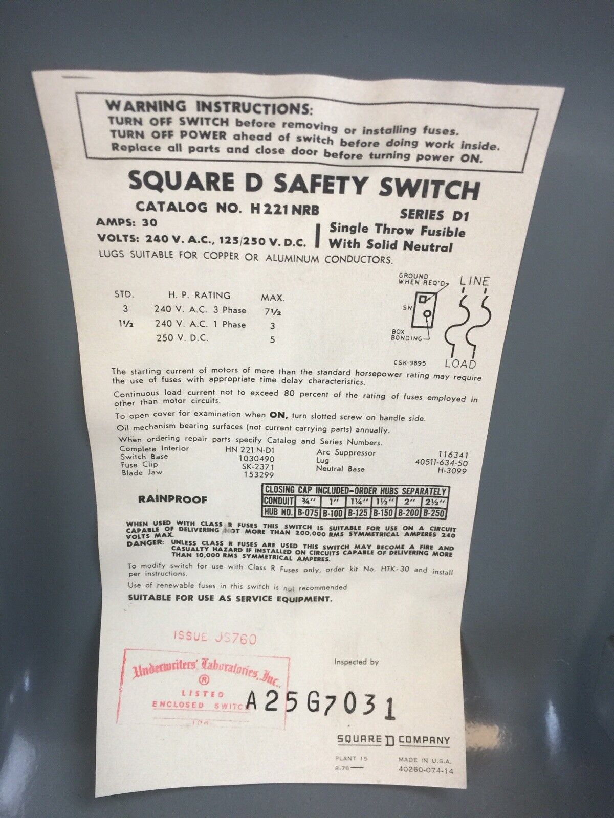 SQUARE D H221NRB SERIES D1 FUSIBLE SAFETY SWITCH 30A 240VAC 125/250VDC 2POLE