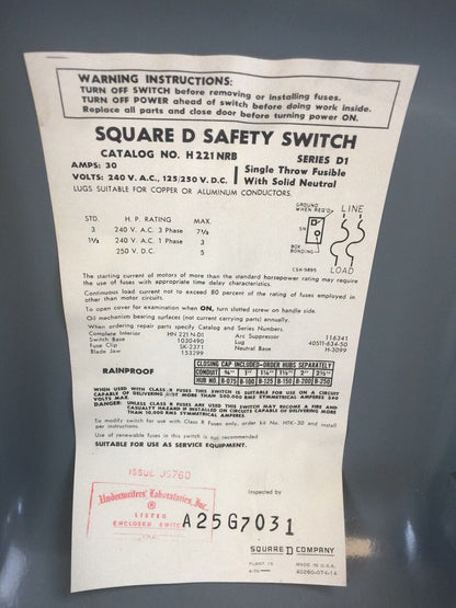 SQUARE D H221NRB SERIES D1 FUSIBLE SAFETY SWITCH 30A 240VAC 125/250VDC 2POLE
