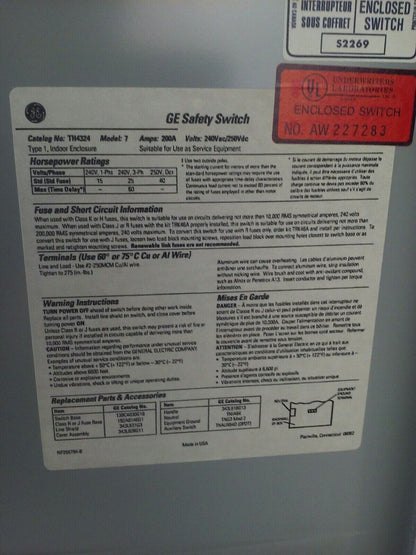 GE TH4324 MODEL 7 FUSIBLE SAFETY SWITCH 3P 200A 240V 60HP TYPE 1 INDOOR