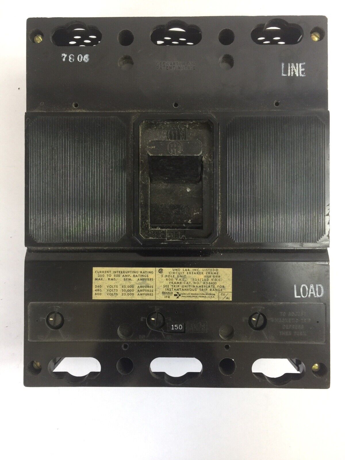 ITE JL3-F400 CIRCUIT BREAKER FRAME 600VAC 125/250VDC 150A TRIP UNIT JL3-B150