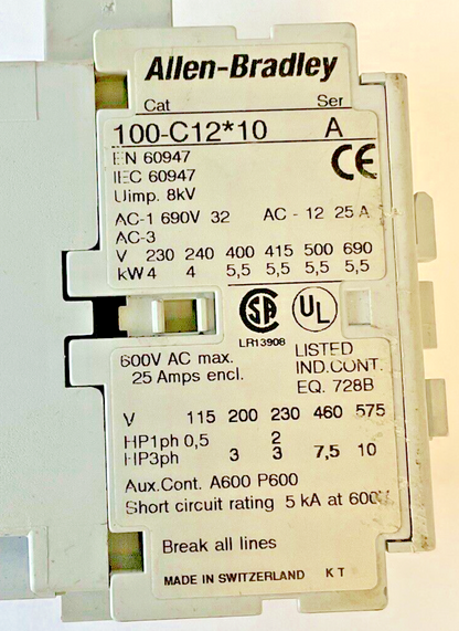 ALLEN BRADLEY 100-C12*10 CONTACTOR 600VAC 25AMPS C12