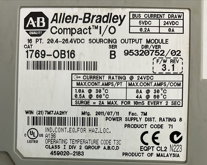 ALLEN BRADLEY 1769-OB16 SER B F/W REV 3.1 DIR/VER 95320752/02 16PT 20.4-26.4VDC