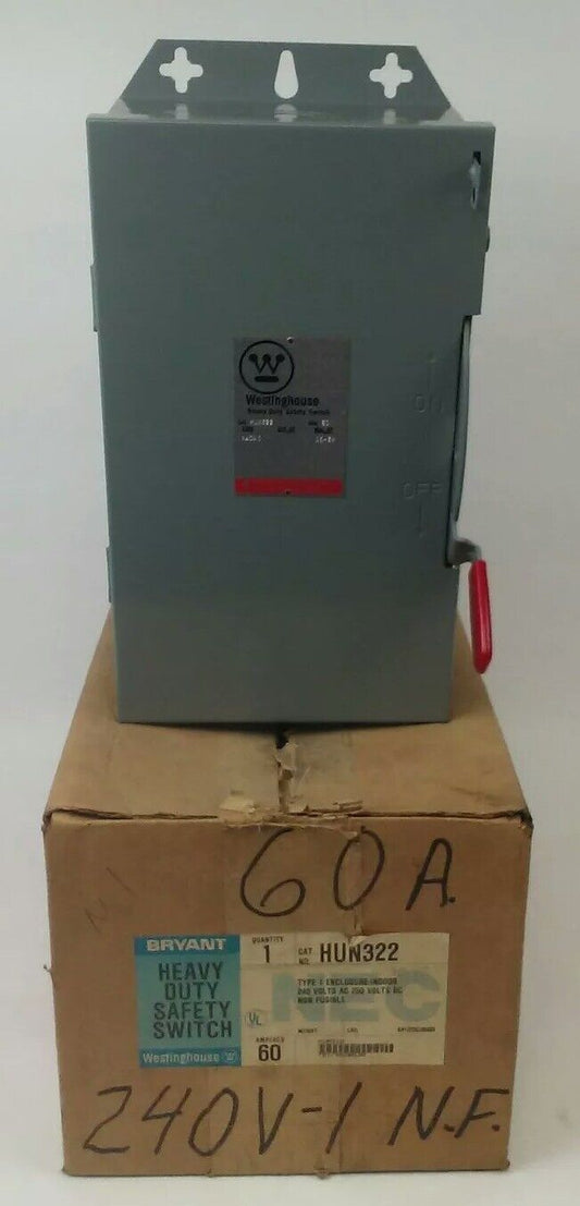 WESTINGHOUSE HUN322 NON FUSIBLE SAFETY SWITCH 3P, 60A, 240V, TYPE 1 INDOOR, 15HP