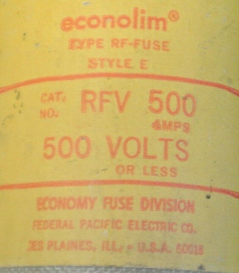 ECONOMY RFV500 RECTIFIER / SEMICONDUCTOR FUSE / 500A / 500V / NEW SURPLUS