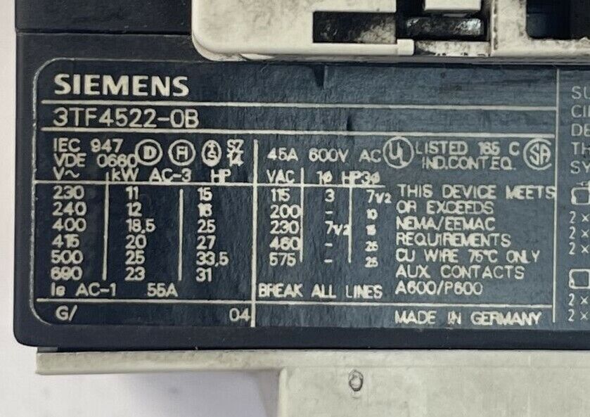 SIEMENS 3TF4522-0B CONTACTOR 45A 600VAC COIL 24VDC