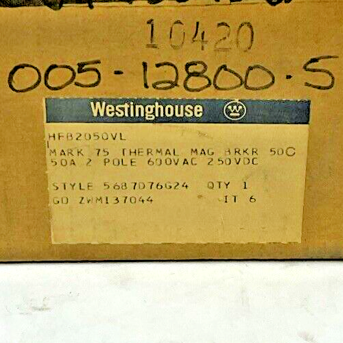 WESTINGHOUSE HFB2050VL CIRCUIT BREAKER 50A 2POLE 600VAC 250VDC
