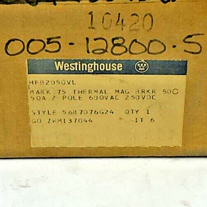 WESTINGHOUSE HFB2050VL CIRCUIT BREAKER 50A 2POLE 600VAC 250VDC