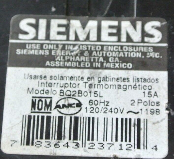 SIEMENS BQ2B015L CIRCUIT BREAKER 120/240VAC, 15A, 2-POLE - COMMON TRIP