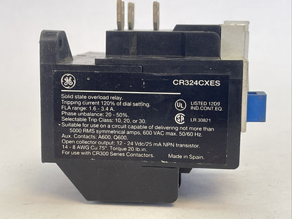 GE CR324CXES SOLID STATE OVERLOAD RELAY 600VAC 1.6-3.4A PHASE UNBALANCE 20-50