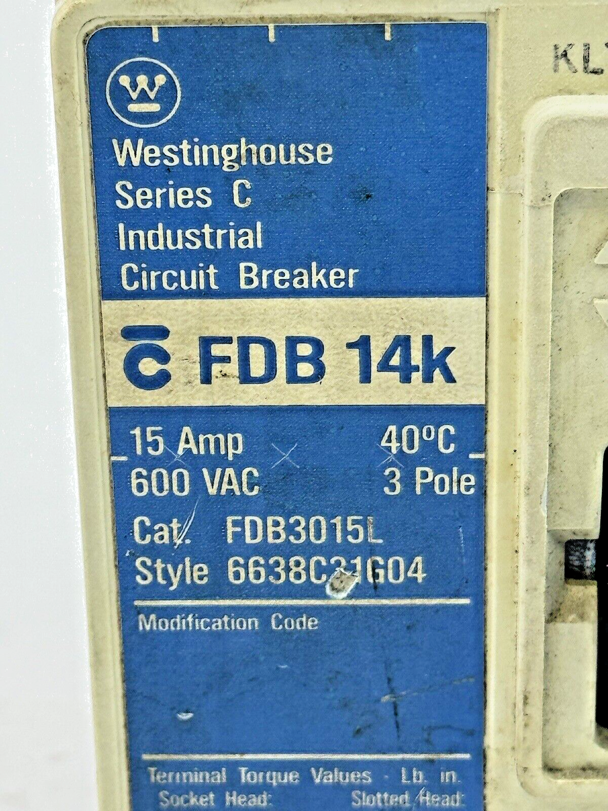 EATON / CUTLER-HAMMMER - FDB3015L - CIRCUIT BREAKER - 3 POLE/ 15 A/ 600 VAC