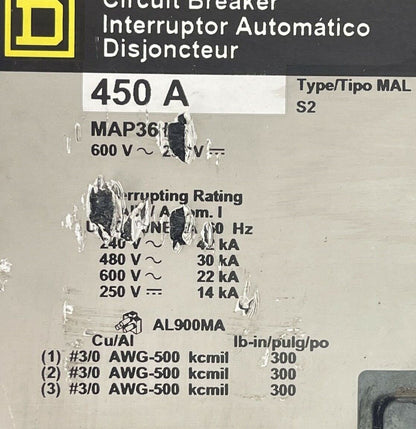 SQUARE D MAP36450 CIRCUIT BREAKER 450A 600VAC/250VDC 3POLE