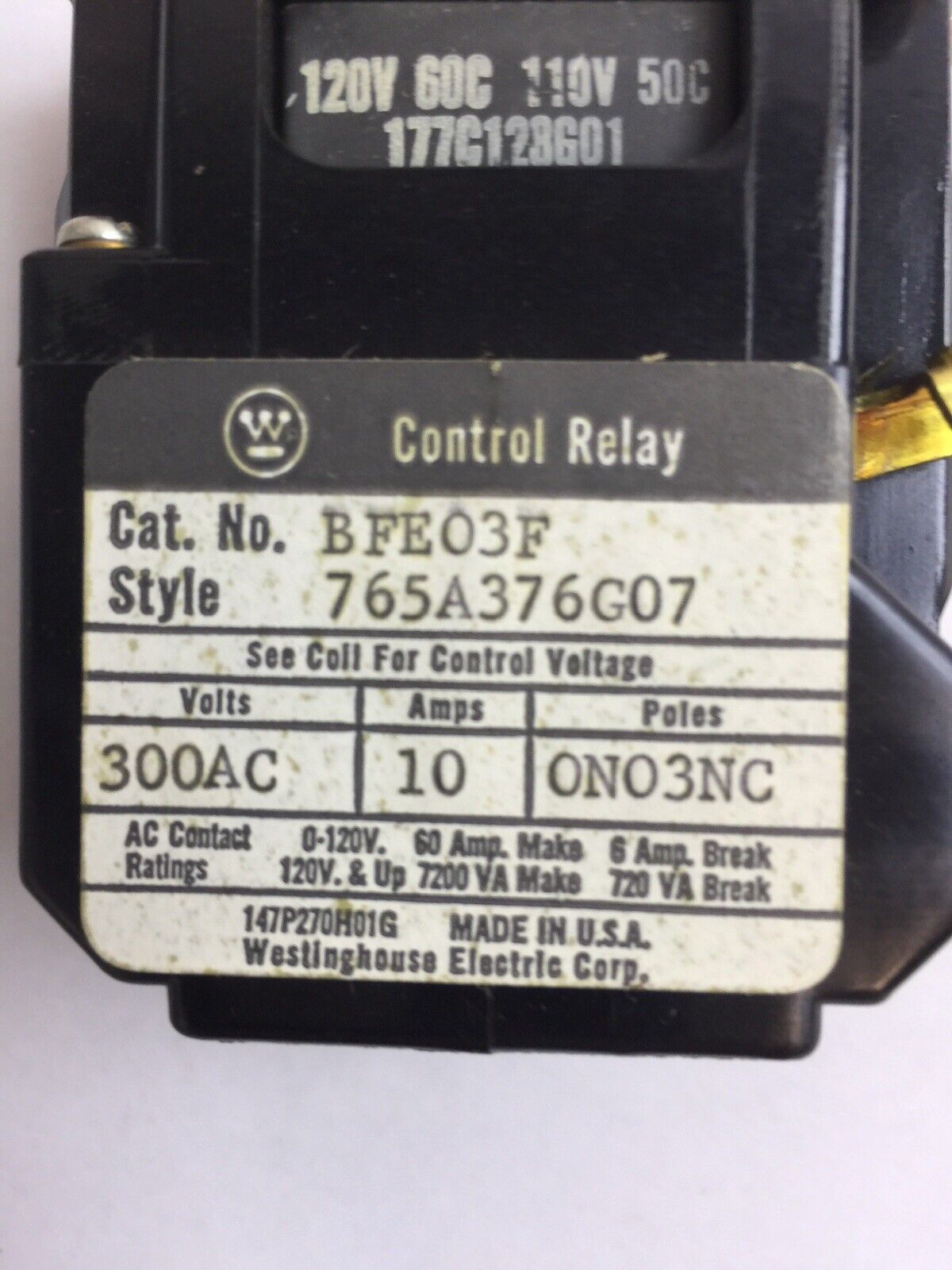 WESTINGHOUSE BFE03F CONTROL RELAY 300VAC 10A 765A376G07 COIL 120V 60C 177C128G01