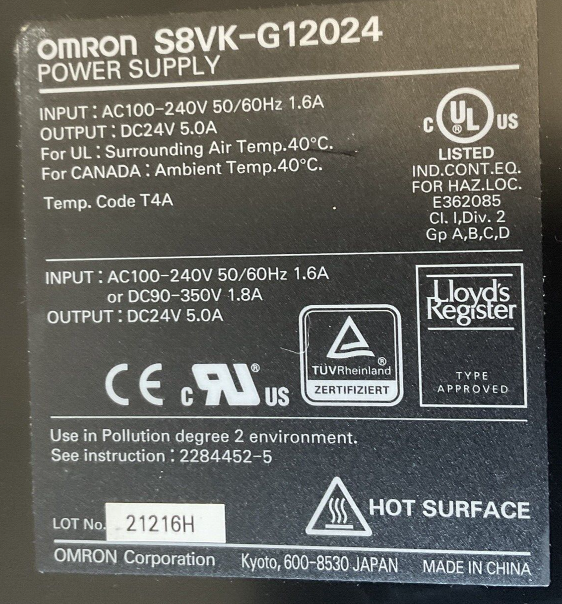 OMRON S8VK-G12024 POWER SUPPLY 240VAC 1.6A