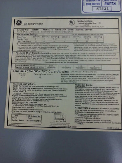 GE TH6661, MOD 10, Safety Switch, 30A, 600VAC/250DC, MAX H.P. 20, TYPE1-3R-5-12